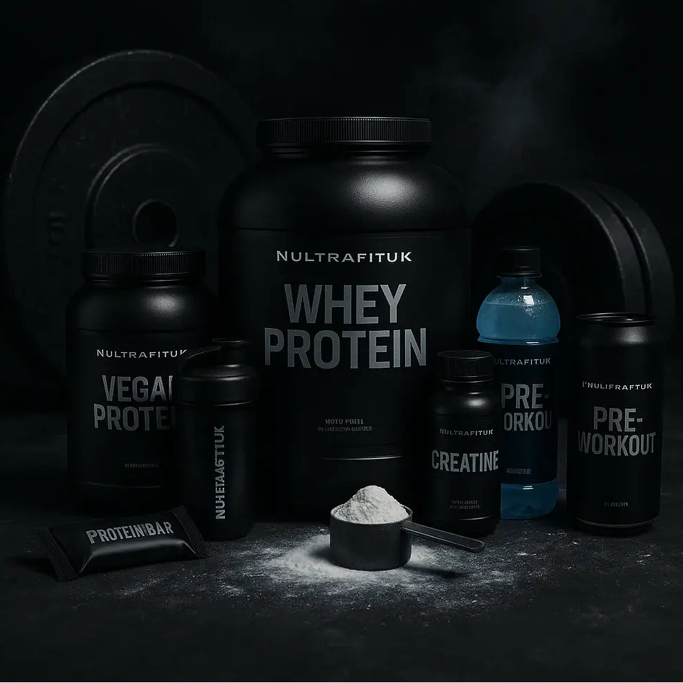 Collection of Nultrafituk protein products including whey protein, pre-workout, and creatine on a dark background.