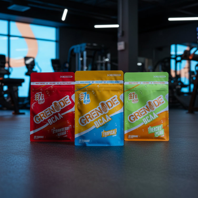 Grenade BCAA supplement packages with strawberry mango flavour on a gym background