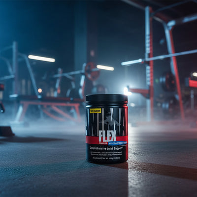 Flex supplement container on a gym floor with equipment in the background