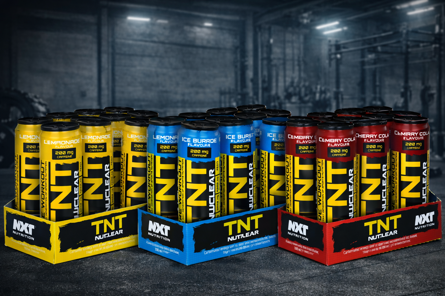 Assorted boxes of TNT Nuclear products in a gym setting