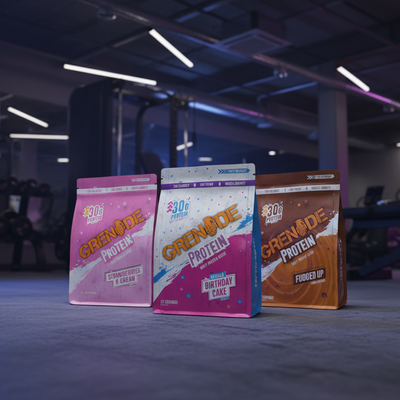 Three Grenade protein powder packages in different flavors on a dark floor with a blurred gym background.