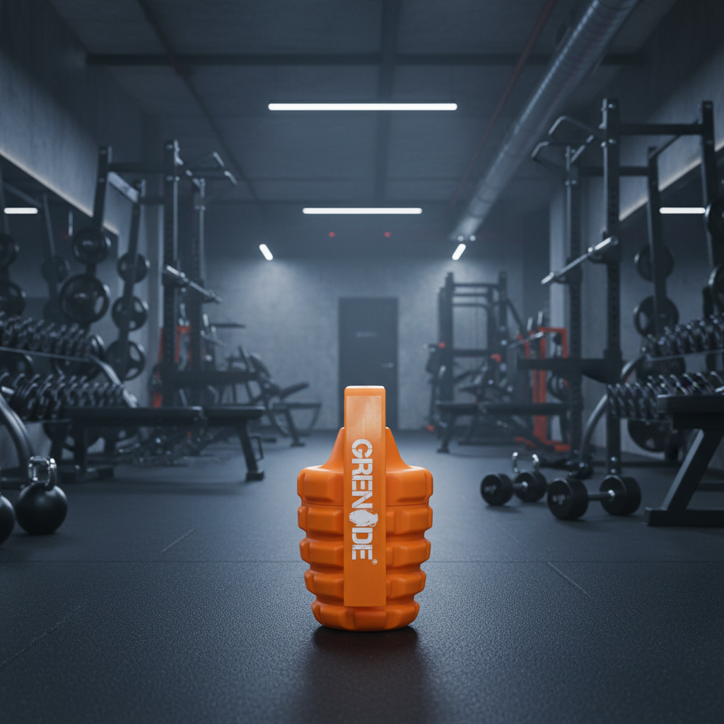 Orange Grenade supplement container in a gym setting