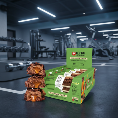 MaxiNutrition protein bars in a gym setting