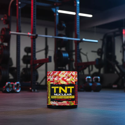 TNT Nuclear pre-workout supplement container with strawberry lime flavor on a white background