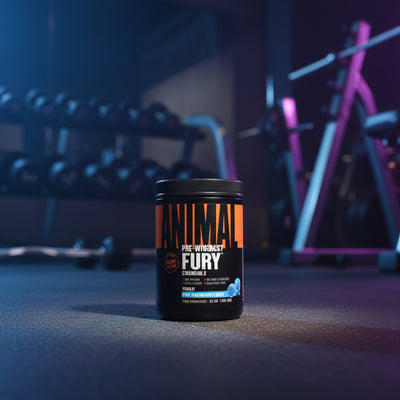 Pre-workout supplement container labeled 'Fury' in a gym setting