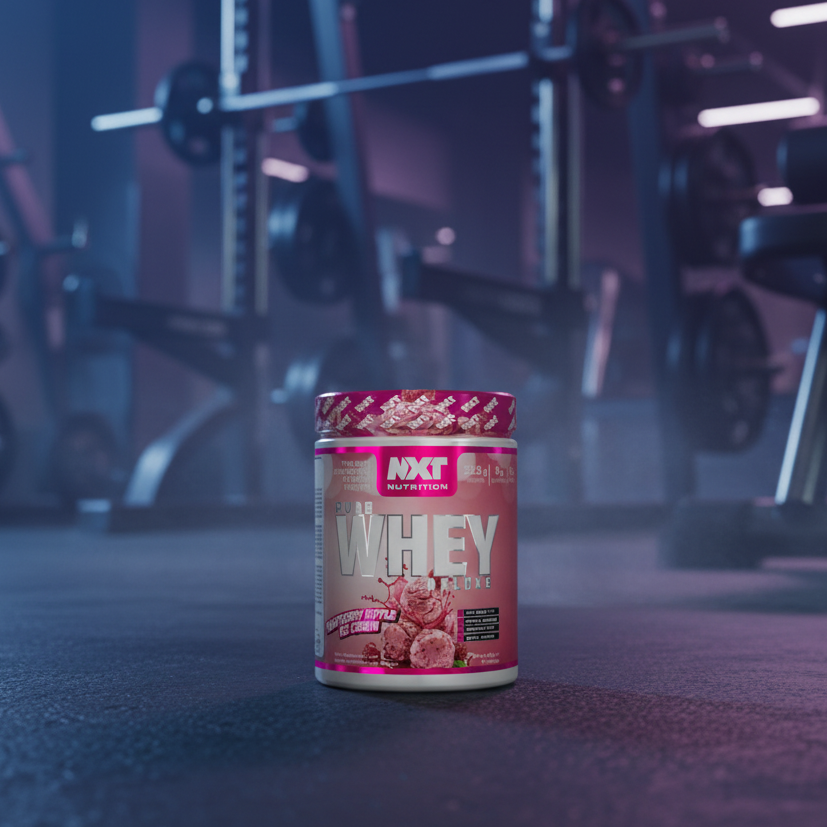 Container of NXT Nutrition Whey protein powder in a gym setting