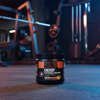 Container of energy performance chew tabs in a gym setting