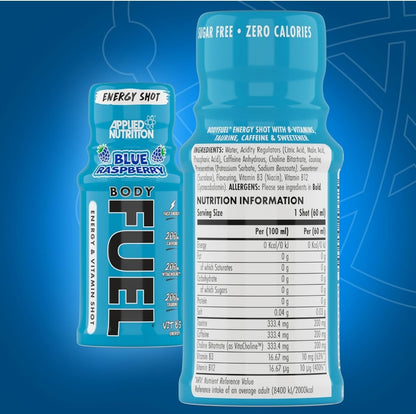 Applied Nutrition BodyFuel Energy Shot, with B-Vitamins, Taurine, Caffeine, Sugar Free, Zero Calories (Box 12 Units x 60ml) Blue Raspberry Flavour