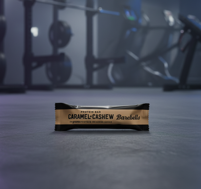 Barebells Caramel Cashew protein bar on a gym background