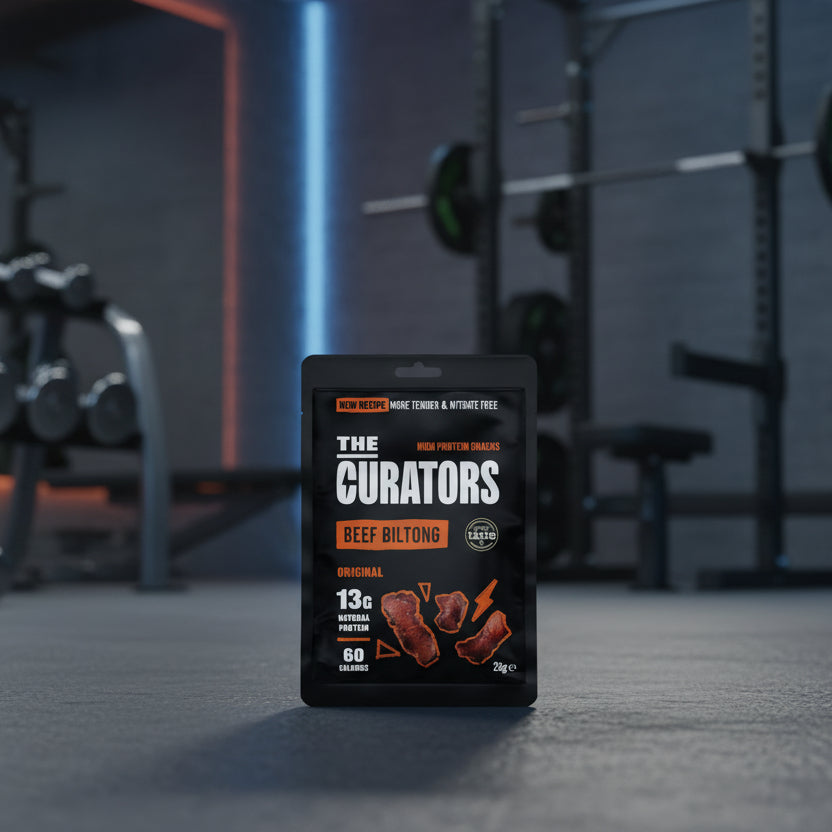 Packaged beef biltong with 'The Curators' branding in a gym setting
