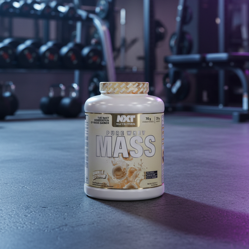 Container of NXT Pure White Mass supplement in a gym setting