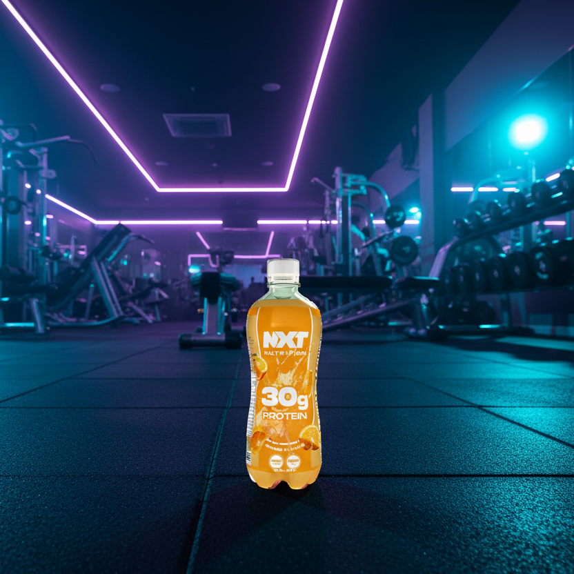NXT protein supplement bottle in a gym setting with neon lights