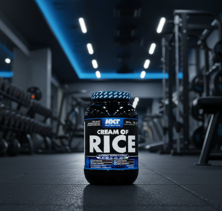 NXT Nutrition Cream of Rice supplement container with blueberry muffin flavor on a white background