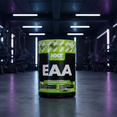NXT Nutrition EAA supplement container in a futuristic setting