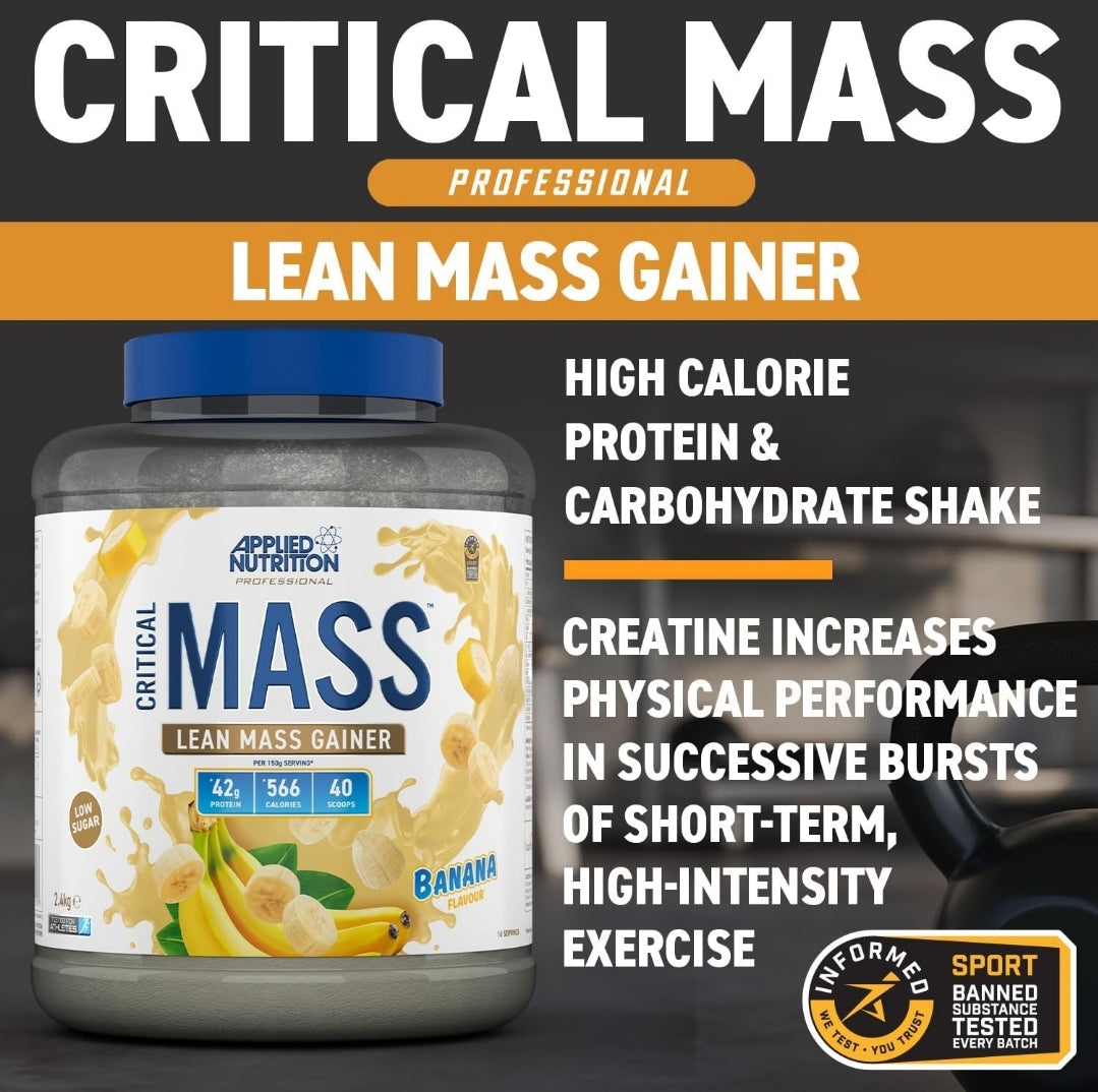 Applied Nutrition Critical Mass Protein Powder, High Calorie Weight Gainer, Lean Mass (2.4kg - 16 Servings) Banana Flavour