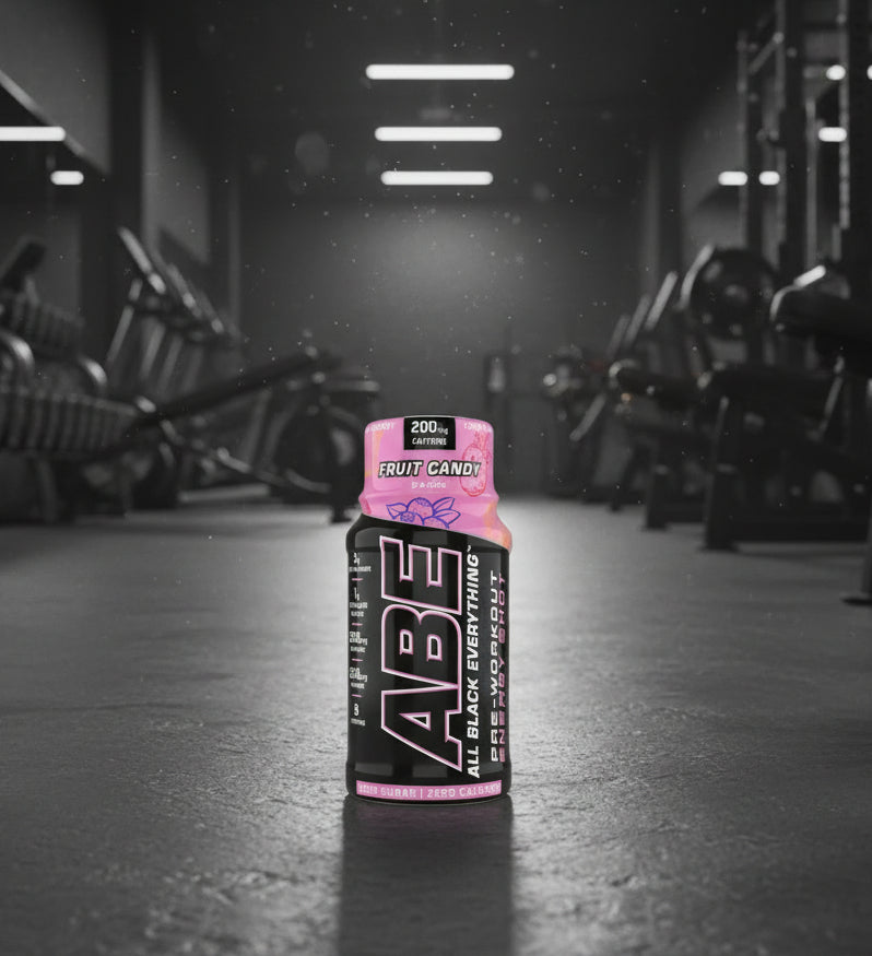 ABE energy shot fruit candy flavour on a gym floor background