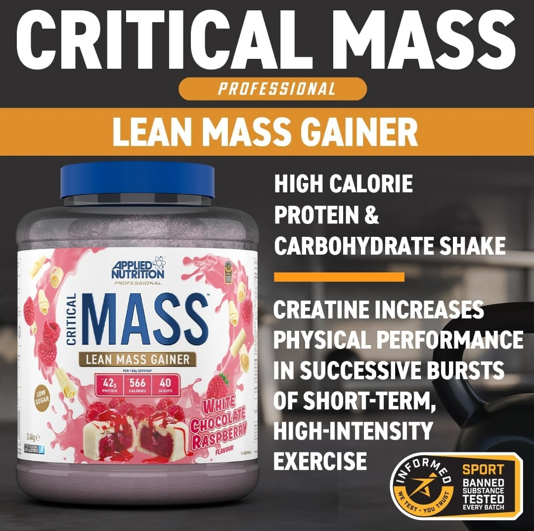 Applied Nutrition Critical Mass Protein Powder, High Calorie Weight Gainer, Lean Mass (2.4kg - 16 Servings) White Chocolate Raspberry Flavour