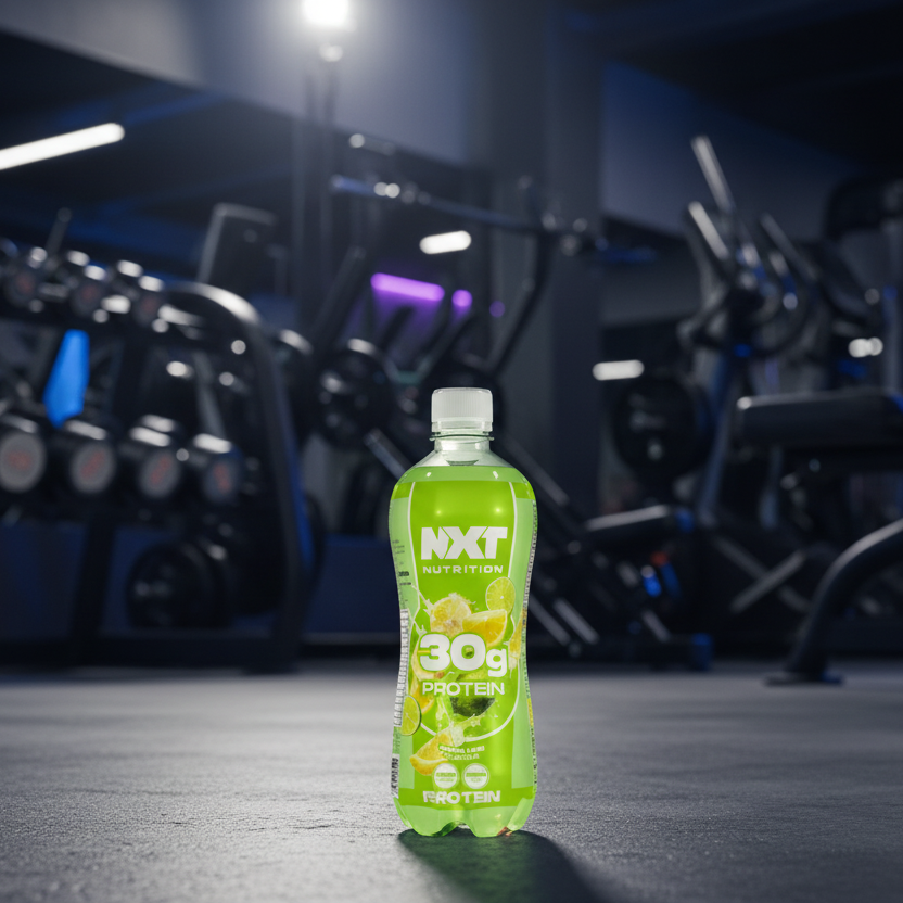 Green protein bottle with 'NXT Nutrition' branding in a gym setting