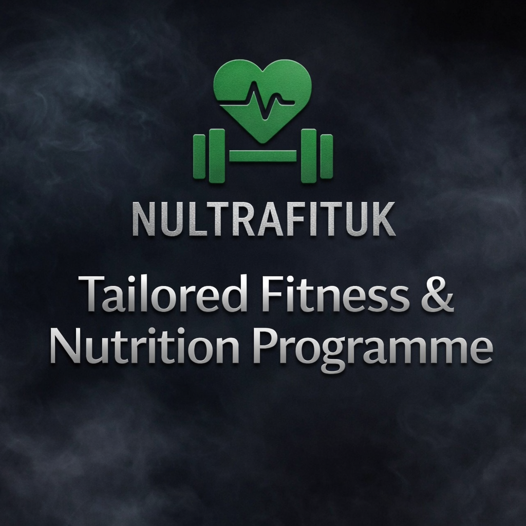 NULTRAFITUK Tailored Fitness & Nutrition Programme promotional image featuring the NULTRAFITUK logo on a dark background with silver text, representing personalised training and nutrition plans.
