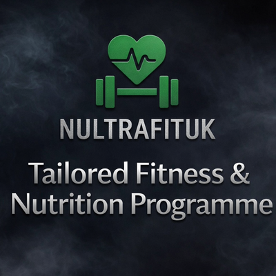 NULTRAFITUK Tailored Fitness & Nutrition Programme promotional image featuring the NULTRAFITUK logo on a dark background with silver text, representing personalised training and nutrition plans.