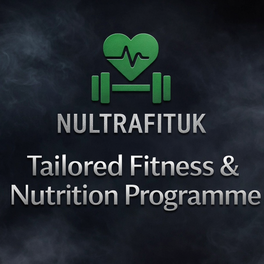 NULTRAFITUK Tailored Fitness & Nutrition Programme promotional image featuring the NULTRAFITUK logo on a dark background with silver text, representing personalised training and nutrition plans.