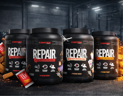 Four containers of Conten Repair supplement with various flavors on a dark background.
