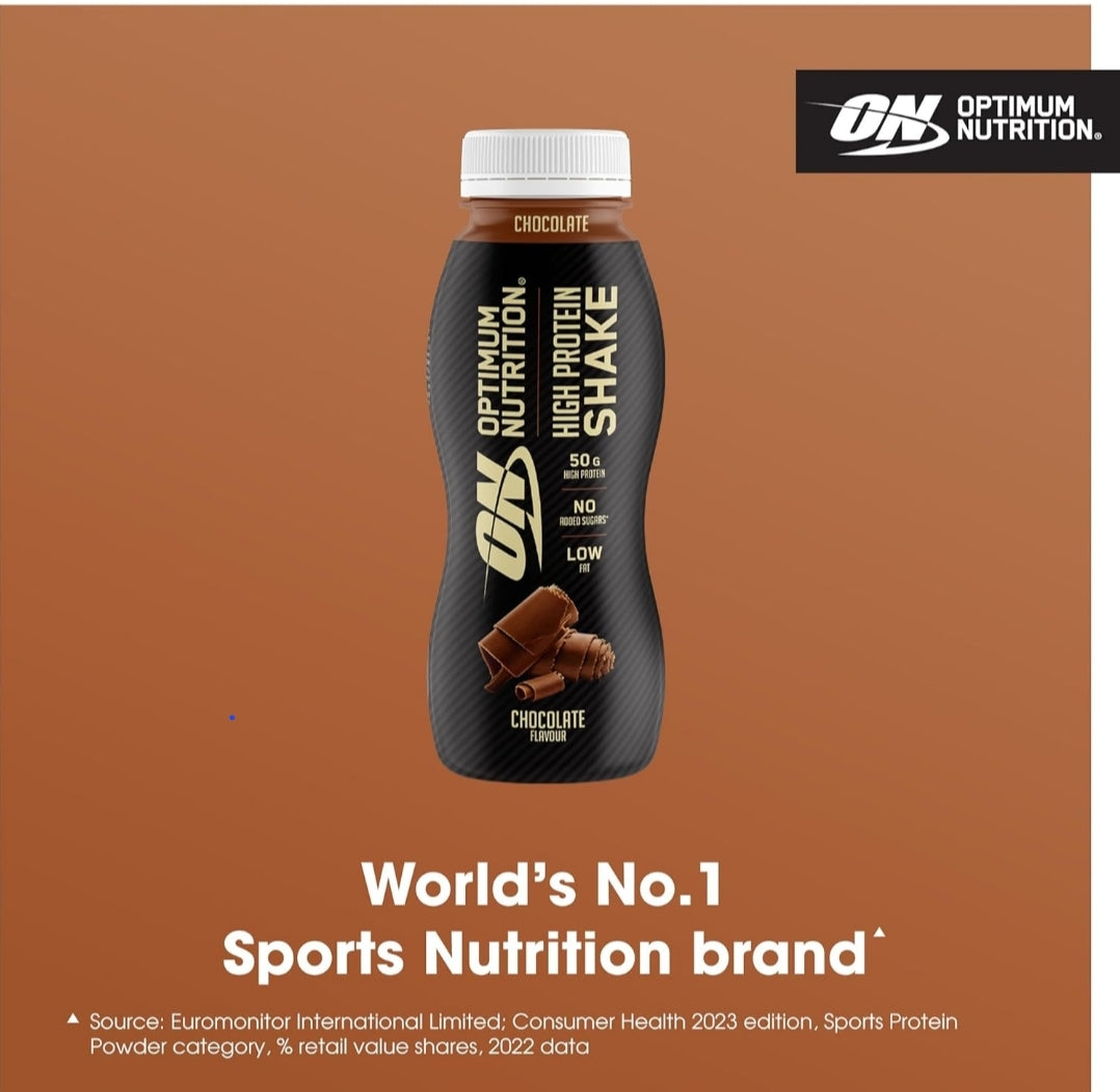 Optimum Nutrition High Protein Shake Bottles, Ready to Drink Low Fat 12x 500ml Chocolate Flavour