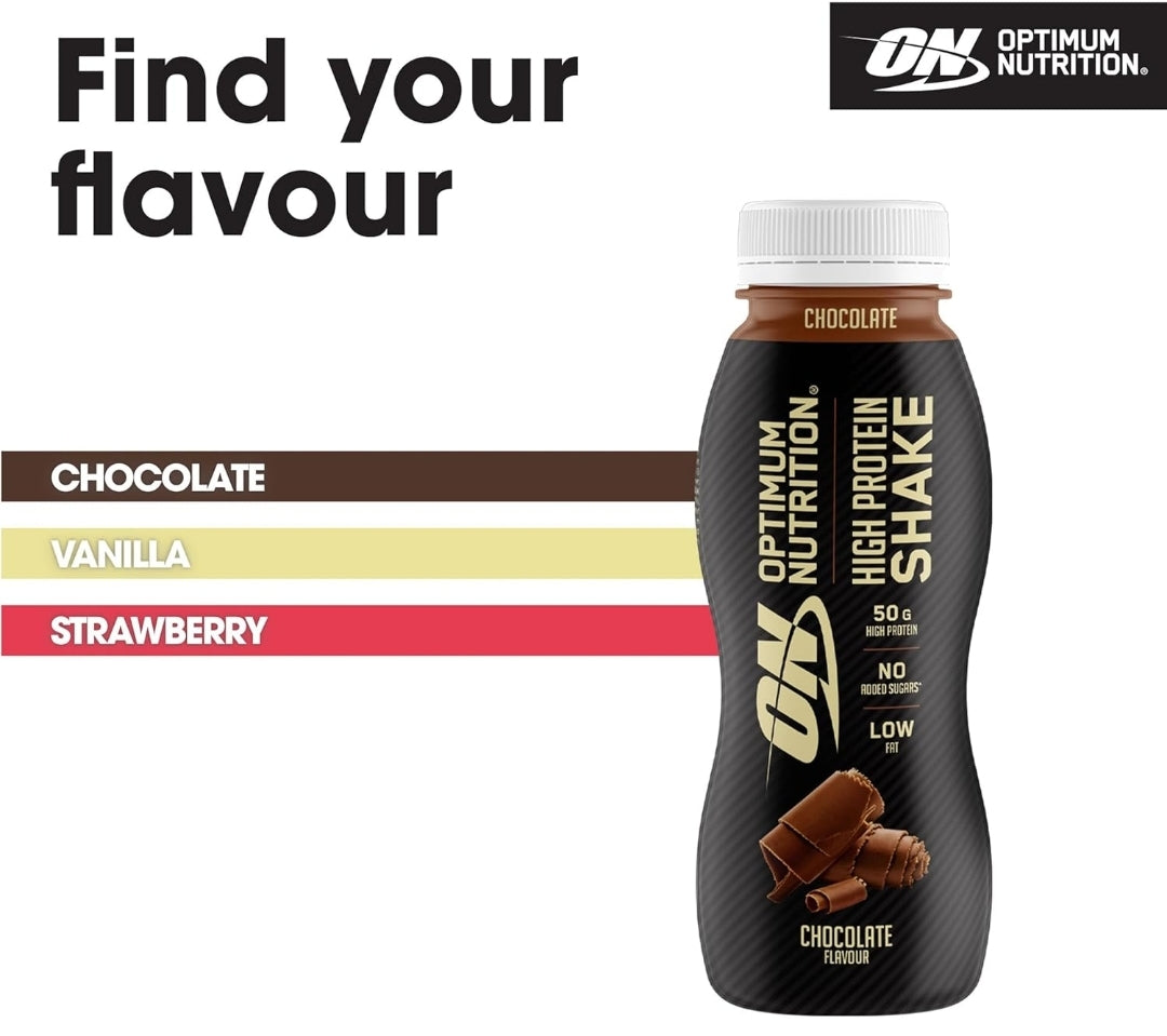 Optimum Nutrition High Protein Shake Bottles, Ready to Drink Low Fat 12x 500ml Chocolate Flavour