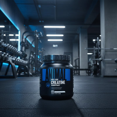 Black container of Animal 100% Pure Creatine Monohydrate on a gym background
