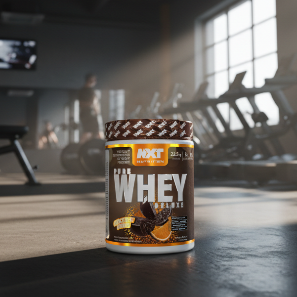Whey protein supplement container on a gym floor with equipment in the background
