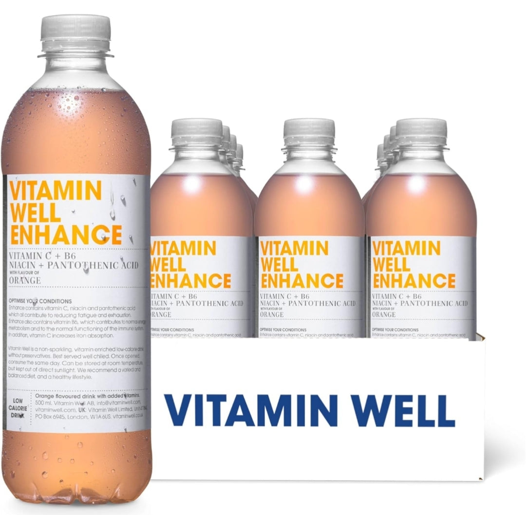 Vitamin Well, Flavoured water Packed with Vitamin C, D, Zinc, Biotin, Low Calorie – 12 x 500ml (Enhance) Orange Flavour