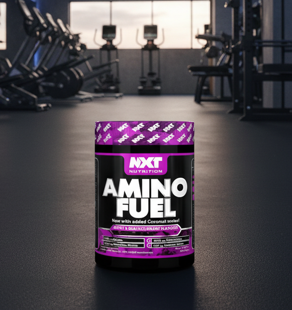 Container of NXT Nutrition Amino Fuel in a gym setting
