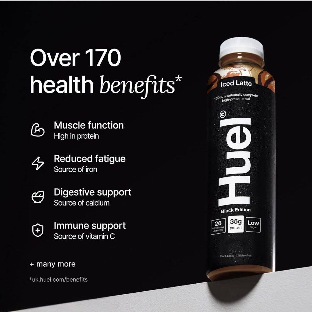 Huel Black Edition Ready-to-Drink 35g Protein Per Bottle Complete Nutrition, Plant-Based (8x 500ml bottles) Iced Latte Flavour