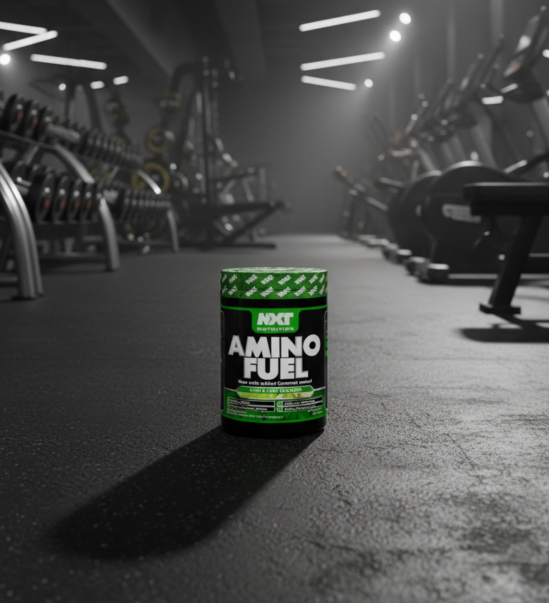 Amino acid supplement container labeled 'Amino Fuel' in a gym setting