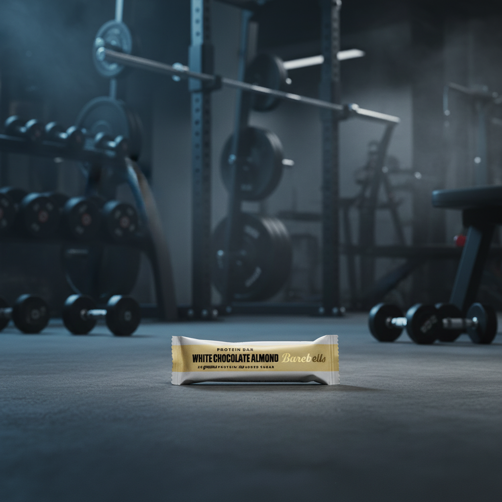 Bar of white chocolate almond flavor on a gym floor with weights and exercise equipment in the background