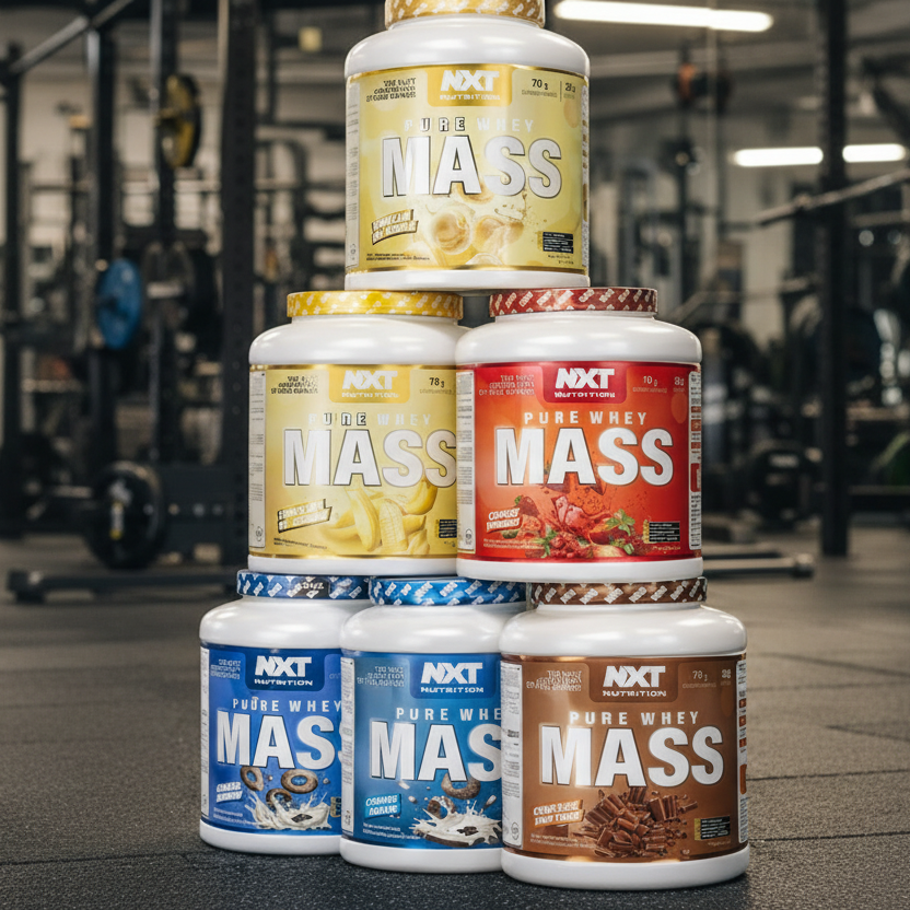 Stack of NXT Pure Whey Mass protein powder containers in various flavors.