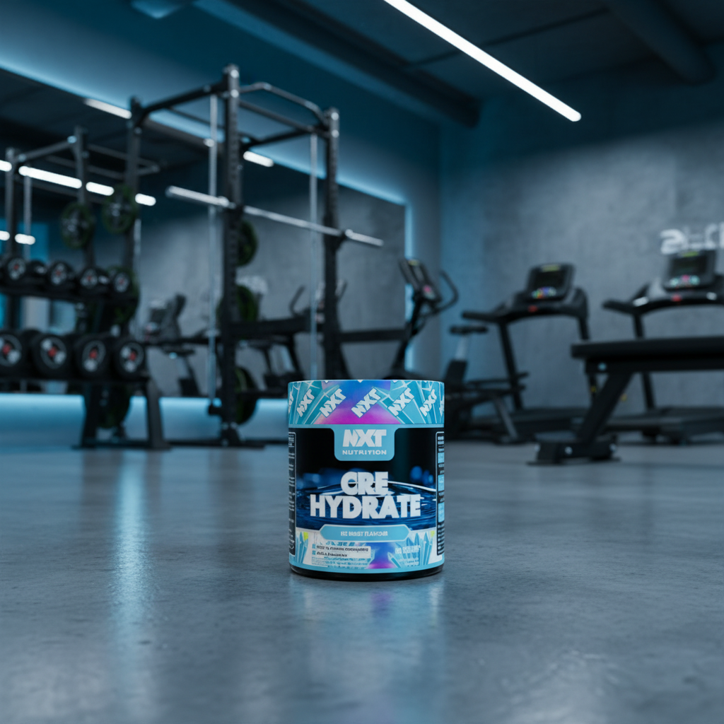 Container of Cre Hydrate supplement in a gym setting