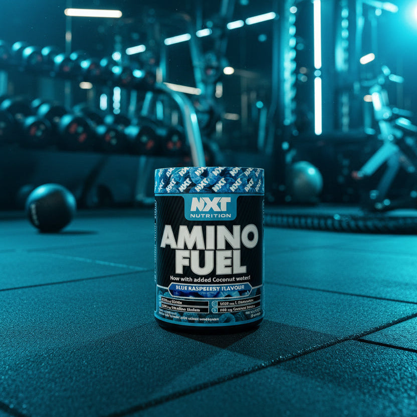 Container of NXT Nutrition Amino Fuel in a gym setting