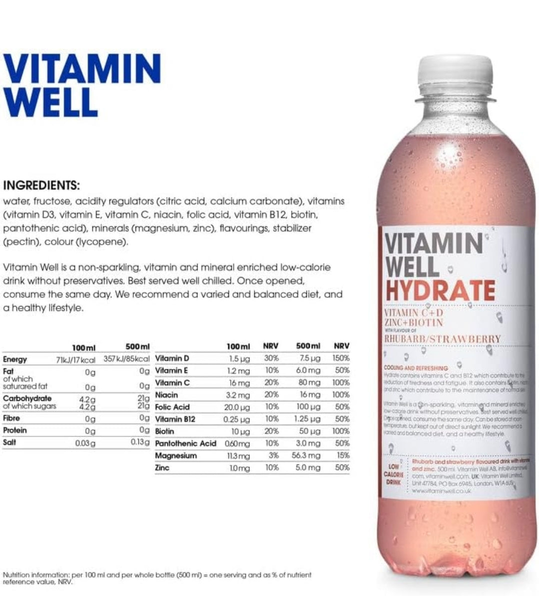 Vitamin Well, Flavoured water Packed with Vitamin C, D, Zinc, Biotin, Low Calorie – 12 x 500ml (Hydrate) Rhubarb & Strawberry Flavour