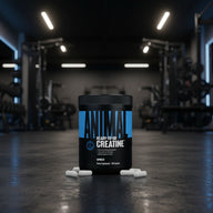 Black container of 'Animal Ready-To-Go Creatine' with white capsules on a gym background