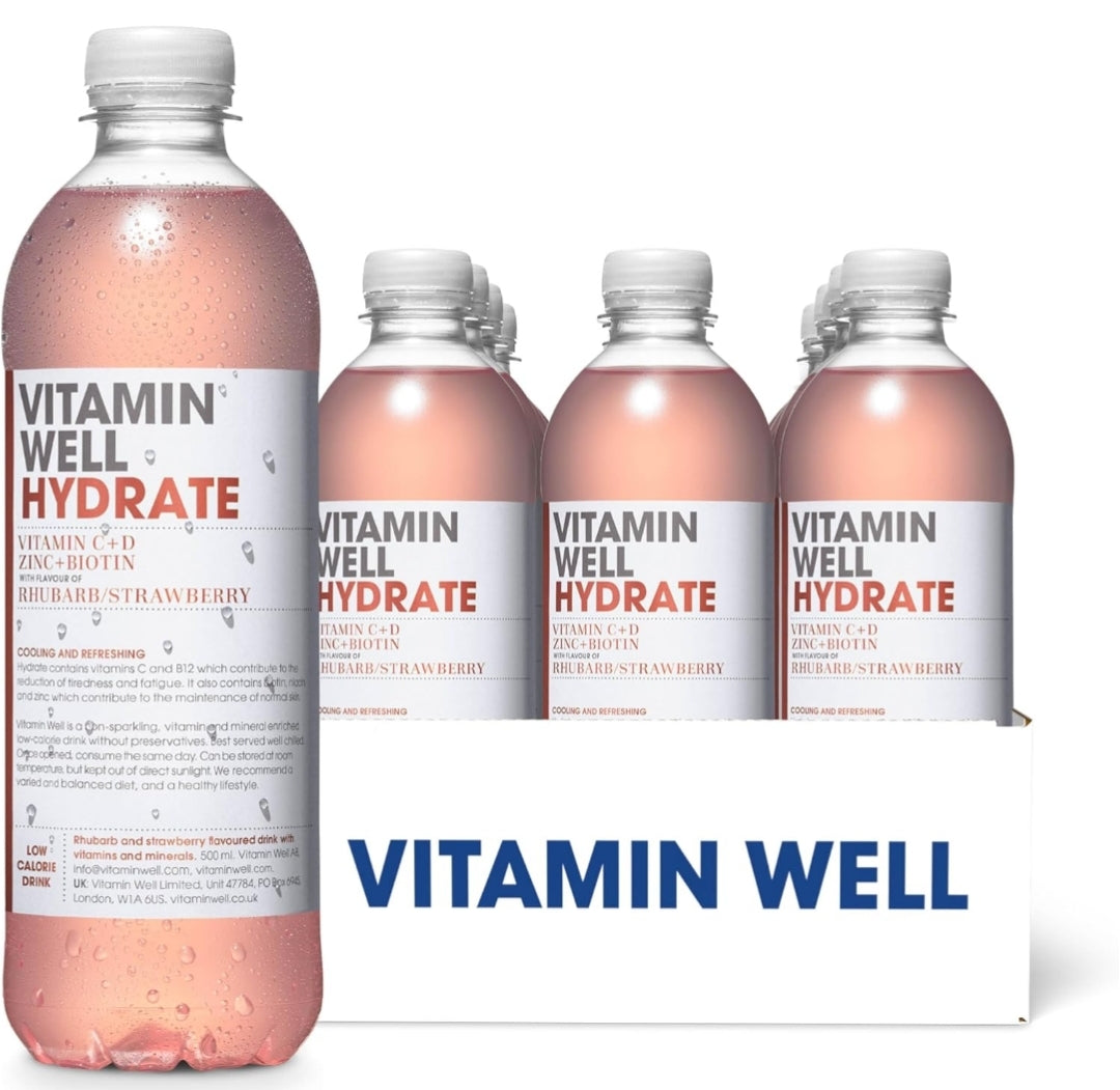 Vitamin Well, Flavoured water Packed with Vitamin C, D, Zinc, Biotin, Low Calorie – 12 x 500ml (Hydrate) Rhubarb & Strawberry Flavour