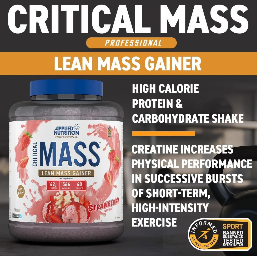 Applied Nutrition Critical Mass Protein Powder, High Calorie Weight Gainer, Lean Mass (2.4kg - 16 Servings) Strawberry Flavour