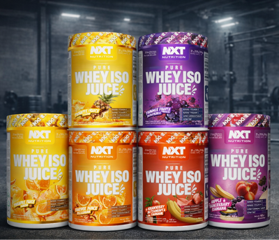 Stack of NXT Nutrition whey iso juice containers in various flavors with a gym background.