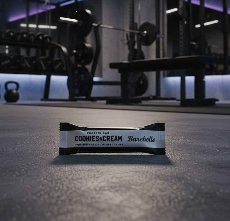 Cookies & Cream protein bar from Barebells on a gym background