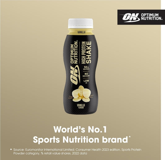 Optimum Nutrition High Protein Shake Bottles, Ready to Drink Low Fat 12x 500ml Vanilla Flavour