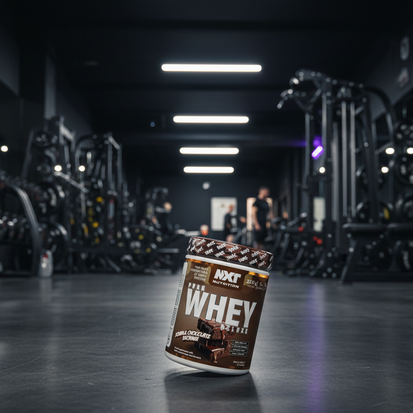 Container of whey protein powder in a gym setting
