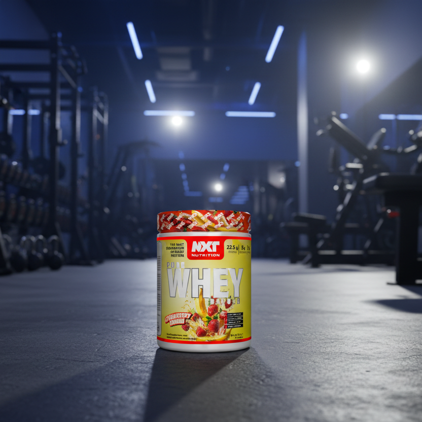 Container of whey protein powder in a gym setting