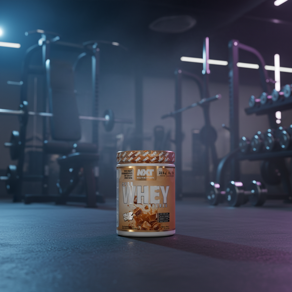 Whey protein powder container in a gym setting