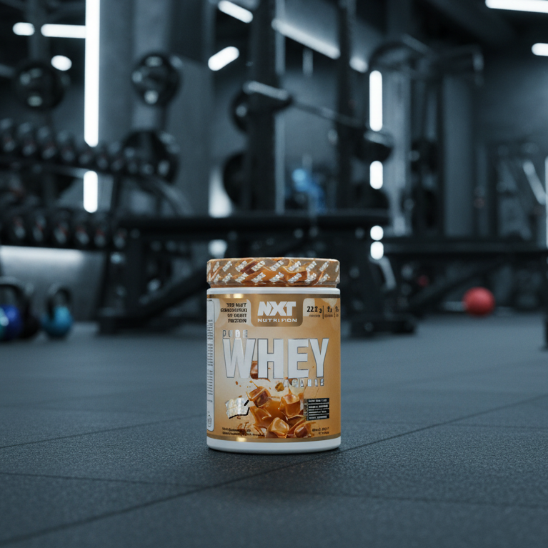 Whey protein container on a gym floor with blurred equipment in the background