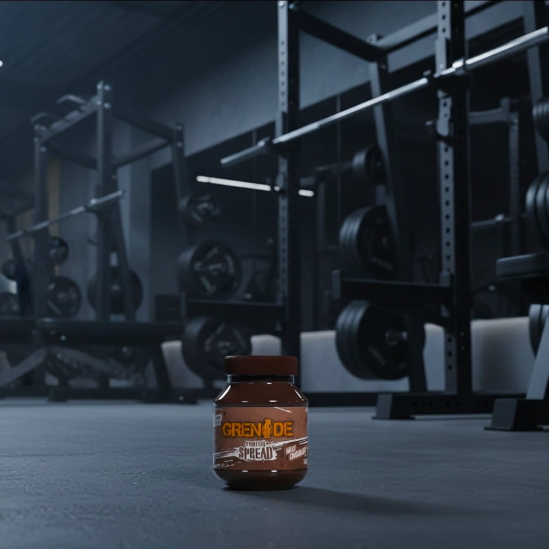 Jar of Grenade Spread on a gym floor with weightlifting equipment in the background